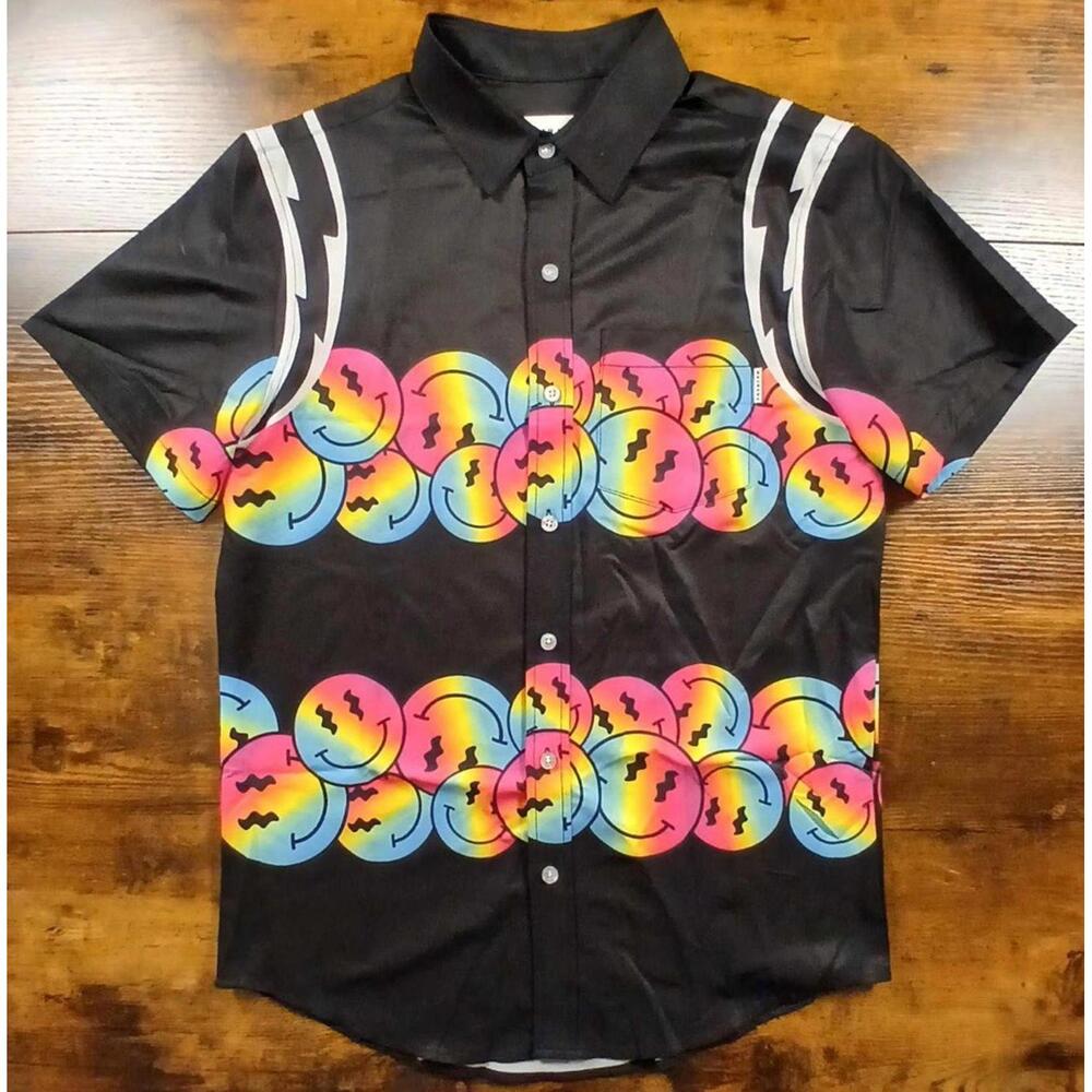 MAVRANS TRIPPY FACE‎ BUTTON UP BLACK/MULTI SHORT SLEEVE SHIRT MENS SMALL